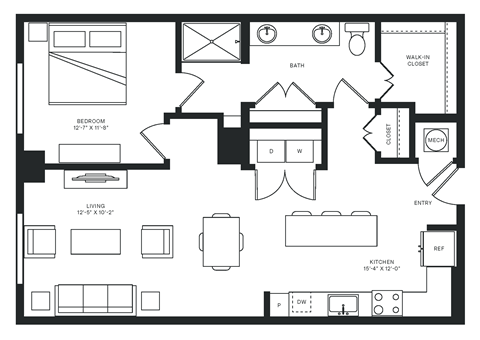 Floor plan for 1 bed, 1 bath, 920 sqft